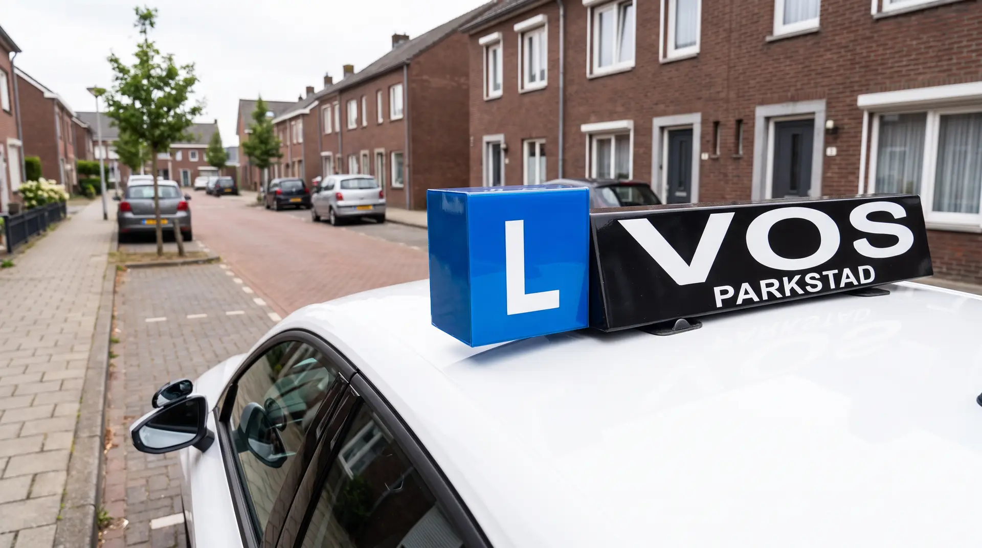 Het blauwe L-blok op het dak van een witte lesauto in een woonstraat; de auto rijdt door de woonwijk, over een rotonde in het centrum en over de buitenweg naar de examenparkeerplaats